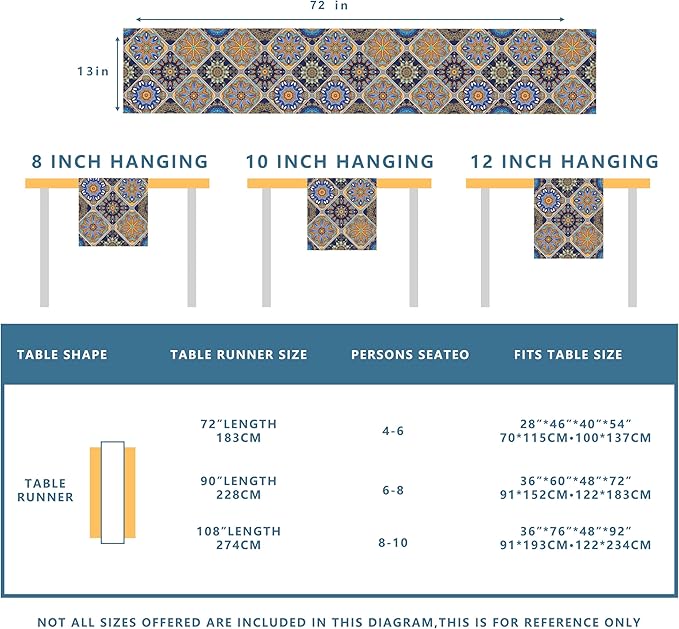 Boho Bohemian Table Runner 90 Inches Long, Vintage Seasonal Blue Table Runners for Party Kitchen Dining Coffee Table Bedroom Dressers Indoor Outdoor, Machine Washable (Bohemian C, 13” x 90”)