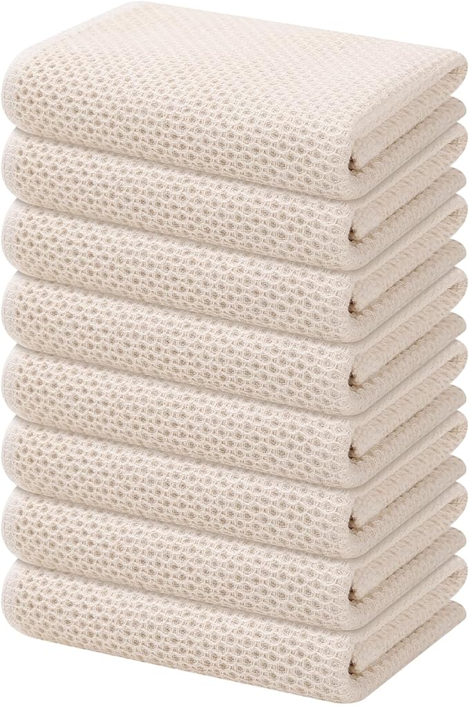 Kitinjoy 100% Cotton Waffle Weave Kitchen Hand Towels (13 X 28 Inches, Beige), 8-Pack Super Soft and Absorbent Dish Towel for Drying Dishes
