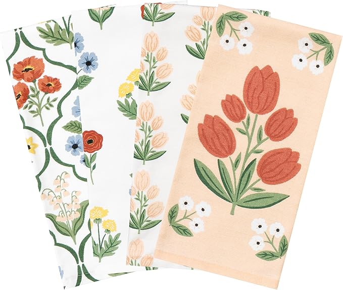 Ritz 100% Cotton Kitchen Towels, Tulip Trellis Floral – 16"x26" – Absorbent Dish Towels for Drying & Cleaning – Soft & Durable (Set of 4)