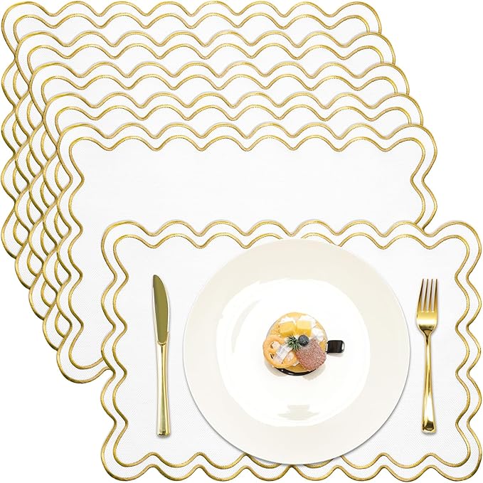 HunnmingRe Set of 6 Cotton Linen Placemats, 13x19 Inch Scalloped Wavy Embroidery Placemat Double Layered Washable Rustic Rectangle Dinner Table Mats for Wedding Home Decor(White with Gold)
