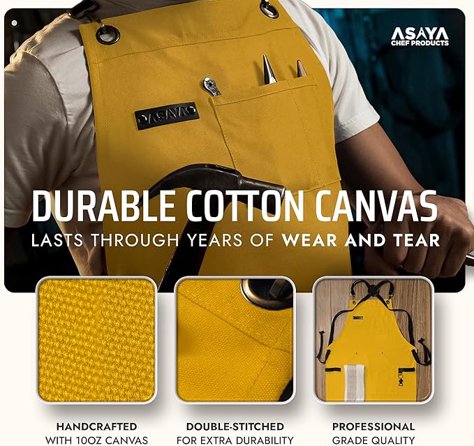 Asaya Chef and BBQ Apron with Bottle Opener and Hand Towel - 10oz Cotton Canvas, Stainless Steel Hardware - Cross Back Straps