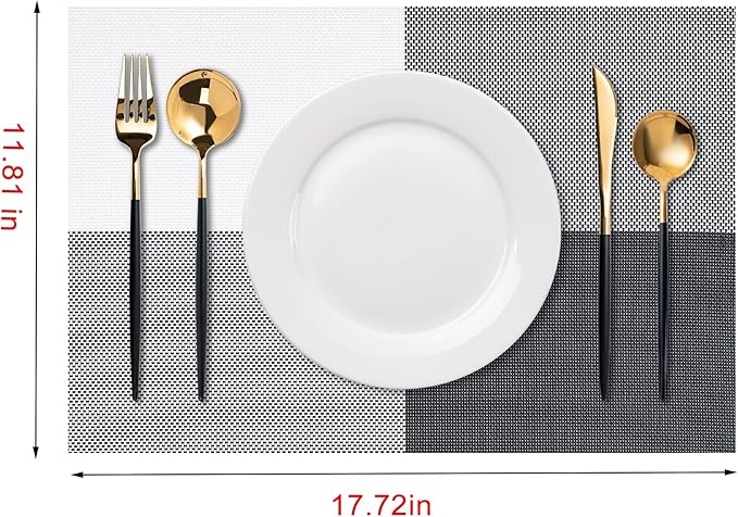 Placemats Set of 6 Washable Indoor/Outdoor Vinyl Place Mats for Dining Table Durable Non-Slip Heat Resistant PVC Weave Table Mats(Black White)