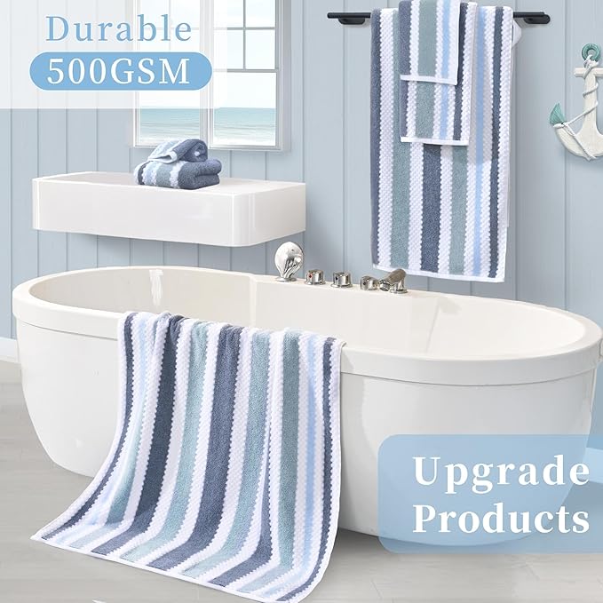 VOOVA & MOVAS Stirpe Towels for Bathroom - Quick Dry | Lightweight | 540GSM,2 Bath 30"x56", 2 Hand 16"x27",2 Washcloths 13"x13",Cotton Blend Towels with Hanging Loops,Blue Gray White Stripe