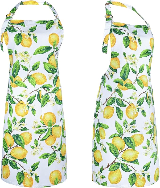 G2PLUS Cotton Kitchen Apron with Pockets, Thick Lemon Apron, Adjustable Cooking Apron for Baking, Chef Apron for Women, Men, Holiday and Xmas Gifts - 30 x 25 inch
