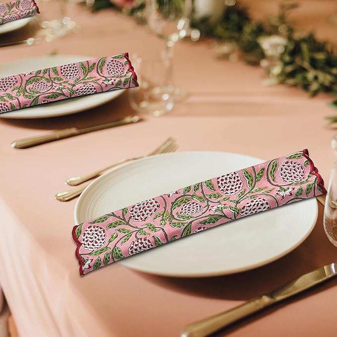 Ridhi Hand Block Print Strawberry Pink 18" x 18" (Set of 4) Embroidery Table Napkins Reusable Cotton Dinner Napkins for Weddings, Parties, Everyday Dining Gift for Spring, Easter, Valentine