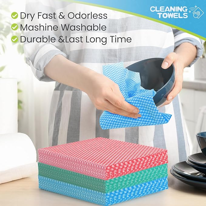 Tioncy 300 Pcs Disposable Dish Cloths for Kitchen Disposable Cleaning Cloth and Towels Handy Cleaning Wipes Disposable Rags for Kitchen and Office(Red, Green, Blue)
