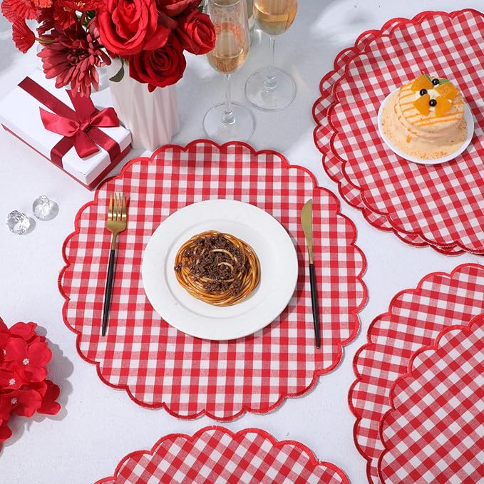 Set of 6 Round Placemats 15 Inch Cotton Scalloped Embroidery Placemat Washable Double Layered Rustic Dinner Table Mat Decor Fabric for Hotel Restaurant Kitchen(Red,Plaid)
