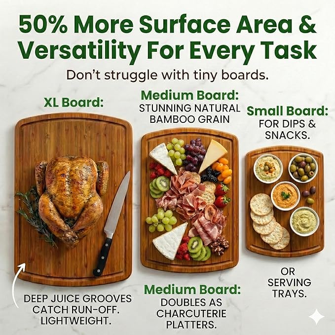Greener Chef Luxury Bamboo Cutting Board 3-Piece Set with Carbonized Vertical Grain Strength Technology - Extra Large Wooden Cutting Boards for Kitchen with Deep Juice Grooves - Lifetime Replacements