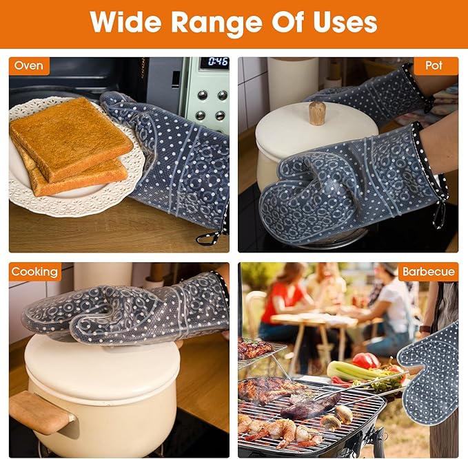 Silicone Oven Mitts Set Heat Resistant 2PCS Kitchen Mittens with Soft Cotton Lining Long Waterproof Non-Slip Oven Gloves for Cooking, BBQ, Baking
