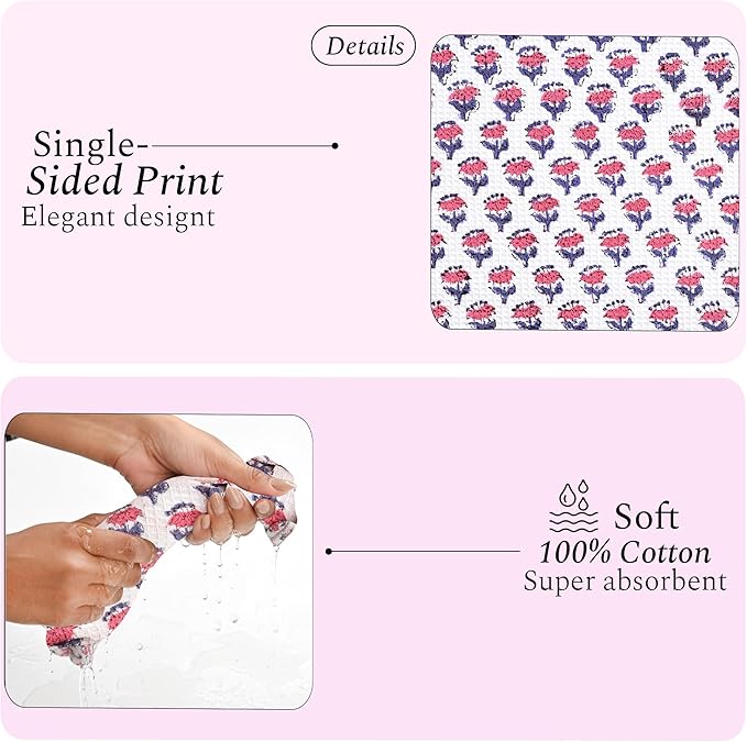 CPC Pink Sapphire Hand Block Printed Cotton Waffle Dish Cloth Set of 12-12x12 Inch Super Absorbent, Soft, Reusable Kitchen Towels for Dish Drying & Cleaning Ideal for Spring, Mother's Day