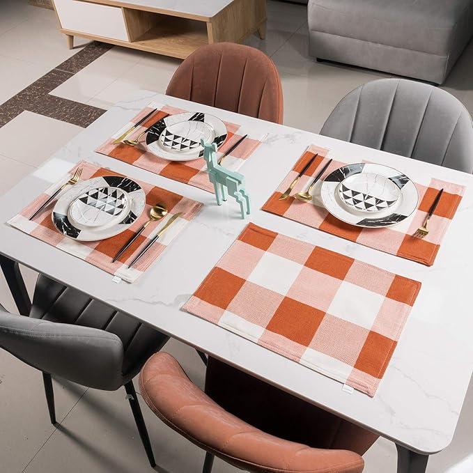 Orange Placemats Set of 4, Linen Buffalo Plaid Double Layer Spring Placemats Check Kitchen Table Mats,Waterproof Heat Resistant Durable Cloth Washable Placemat 13 x 19 Inches