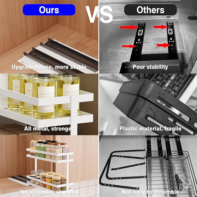 Mustorn Pull Out Spice Rack Organizer for Cabinet, 2 Tier Metal Slide Out Seasoning Organizer and Storage Heavy Duty Vertical Spice Rack Shelf Pullout for Kitchen Cabinets No Drilling(1 Pack, White)