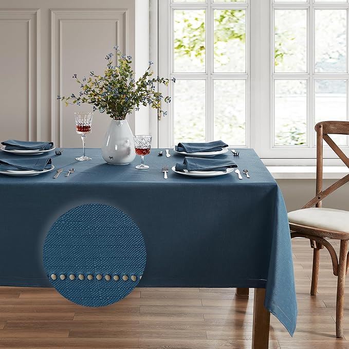 Elrene Home Fashions Alison Eyelet Border Design Wrinkle Resistant Fabric Tablecloth, 60"x84" Rectangle, Copen Blue