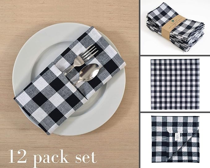 FINGERCRAFT Cloth Napkins, Everyday Use, Premium Quality, Cotton Buffalo Plaid, Set of 12, 20X20 Inch Oversized Napkins Cloth Mitered Corners, Soft, Durable Hotel Quality Black White Checkered