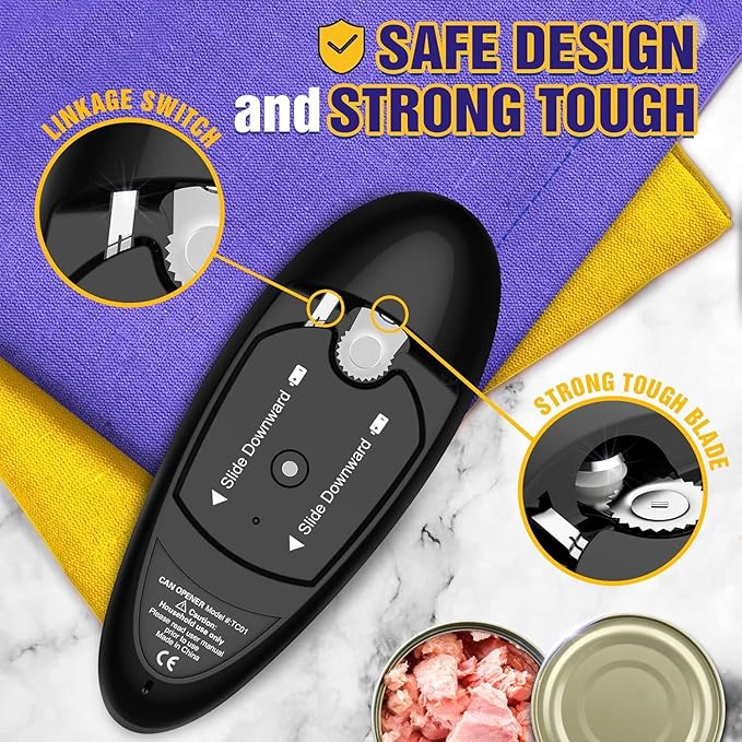 One Touch Battery Operated Electric Can Opener Fits Almost Size Can With Smooth Edge, Hands Free Electric Can Openers for Kitchen, Kitchen Gadgets Automatic Can Opener for Seniors, Arthritis Black