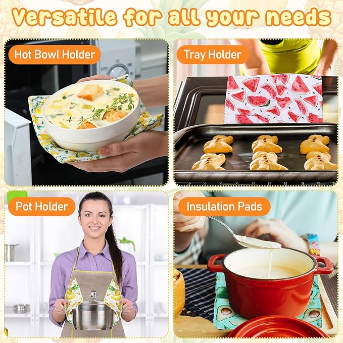 CHENGU 4 Pcs Fruit Cotton Microwave Bowl Cozy Holders for Hot Food Hot Pad Soup Bowl Potholder Heat Resistant Multipurpose Quilted Safe Holder for Kitchen Plate Supply Fruit Colors
