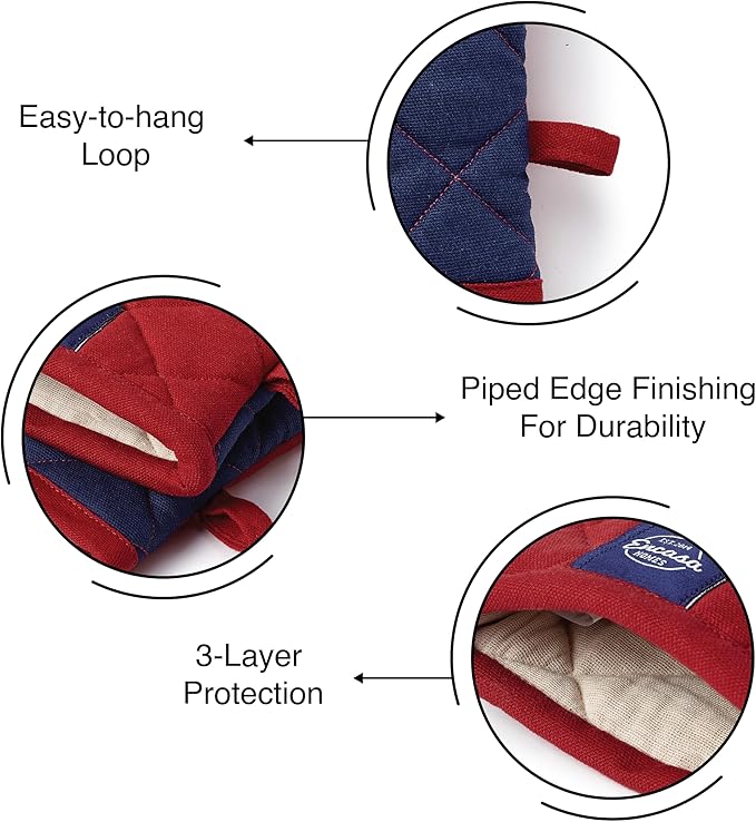 Encasa XO Heat Resistant Cotton Oven Gloves Mitts (2 Pc Set) - Quilted & Safe 12x6.6 in - for Kitchen, Cooking & Baking, Grilling, Handling Hot Pots & Pans - Red