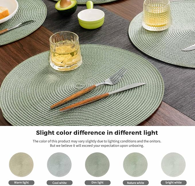 FunWheat Round Braided Placemats Set of 6 Place Mats for Dining Tables Woven Washable Non-Slip Table mats 15 inch(Fog Green, 6pcs)