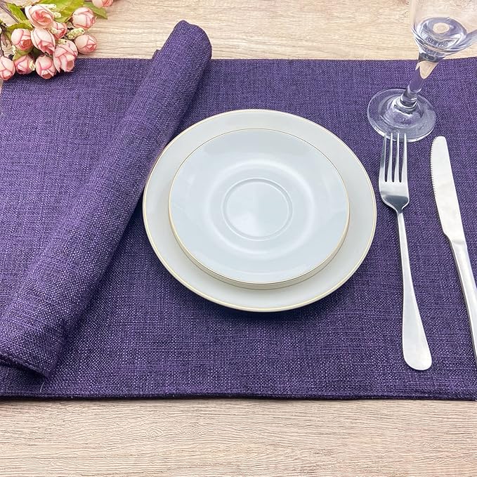 Weabetfu Cloth Placemats Set of 8 Heat Resistant Dining Table Placemmats Cotton Linen Machine Washable Kitchen Table Mats Wrinkle Free Thick Fabric Place Mat,Easy to Clean,13"x19" Purple