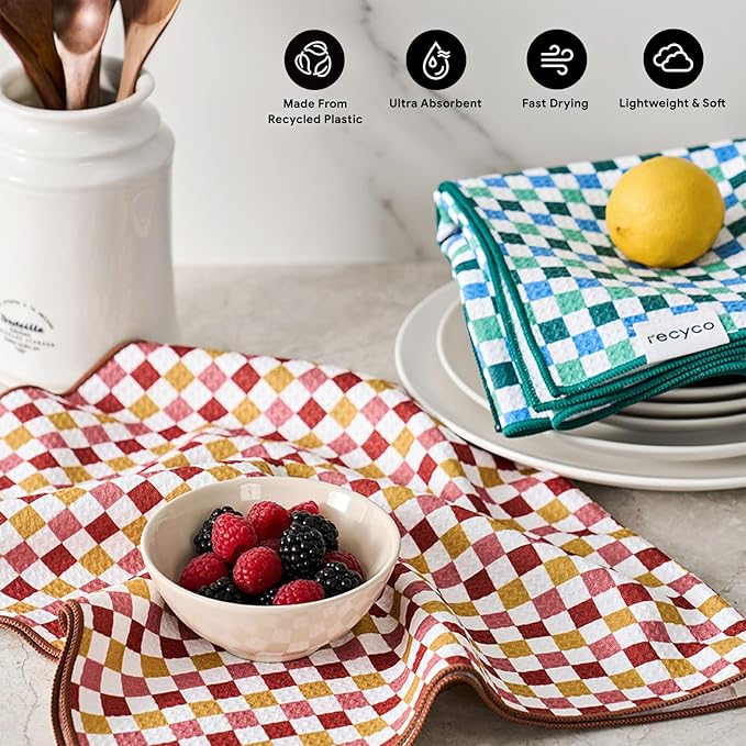 RECYCO Waffle Kitchen Towel Set of 2 - Quick Dry Microfiber Sustainable Dish Towels - Ultra Absorbent Reusable Cleaning Tea Towels - Lightweight Hand Towels,16”x 28”, Checkerboard Bliss