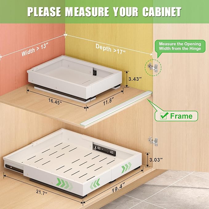 2 Pcs Pull Out Drawers for Cabinets Organizer Expandable Width(11.8"-19.4"), Depth(16.45"-21.7") With 3 Rails, No Drill Roll Out Drawer, Adhesive Sliding Drawers for Kitchen Pantry Storage Adjust