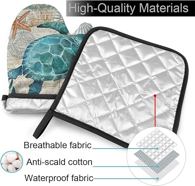 Blue Sea Turtle Oven Mitts & Pot Holders Sets Holiday Kitchen Decor Nautical Map Area Heat Resistant Non-Slip Potholders Set for Cooking Baking BBQ
