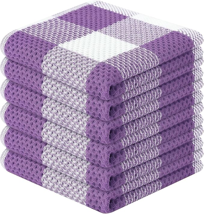 Homaxy 100% Cotton Waffle Weave Check Plaid Dish Cloths, 12 x 12 Inches, Super Soft and Absorbent Dish Towels Quick Drying Dish Rags, 6-Pack, White & Purple