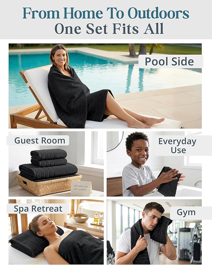 CASA PLATINO 100% Cotton Towel Set for Bathroom - 12 Piece - Super Soft, Hotel Quality - 4 Bath, 4 Wash Cloths, 4 Hand Towels for Bathroom - Classic, Best Value Pack, Ideal for Spa & Daily Use - Black