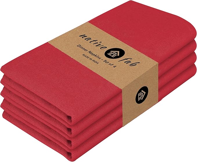 Native Fab Solid Cloth Napkin Set of 4, 100% Cotton, Washable, Reusable Dinner Cloth Napkin 17x17 inches, Table Decor Napkins for Dinner, Events, Red