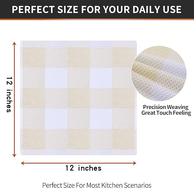 Homaxy 100% Cotton Waffle Weave Check Plaid Dish Cloths, 12 x 12 Inches, Super Soft and Absorbent Dish Towels Quick Drying Dish Rags, 6-Pack, White & Beige