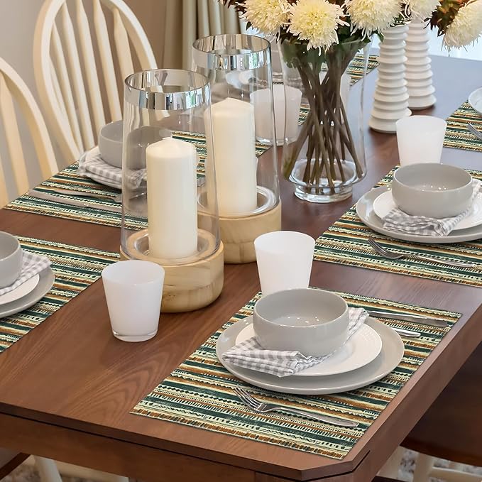 comfoyar Boho Colorful Striped Placemats Set of 4, 12x18 Inch Non-Slip Linen Place Mats, Washable Absorbent Rectangular Table Mats for Indoor Kitchen Dining Party Table Decoration