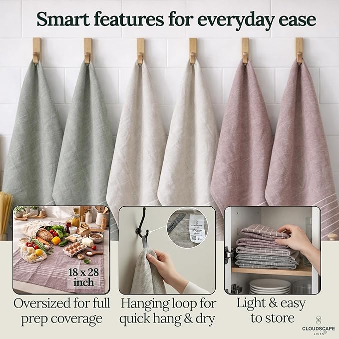 CLOUDSCAPE Kitchen Towels - 6 Pack: Quick-Drying Dish Towel for Kitchen Accessories, 18”x28” Cotton Blended Ribbed Hand Towel with Hanging Loop -Highly Absorbent, Dish Cloths for Washing Dishes -BOR