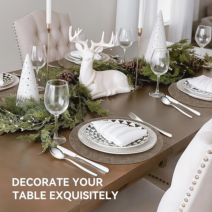 13" Round Placemats Set of 8, Reversible Faux Leather Heat Resistant Table Mats, Waterproof Oilproof Wipeable Table Protective Placemats for Vinyl, Washable for Indoor & Outdoor Use (8, Dark Coffee)