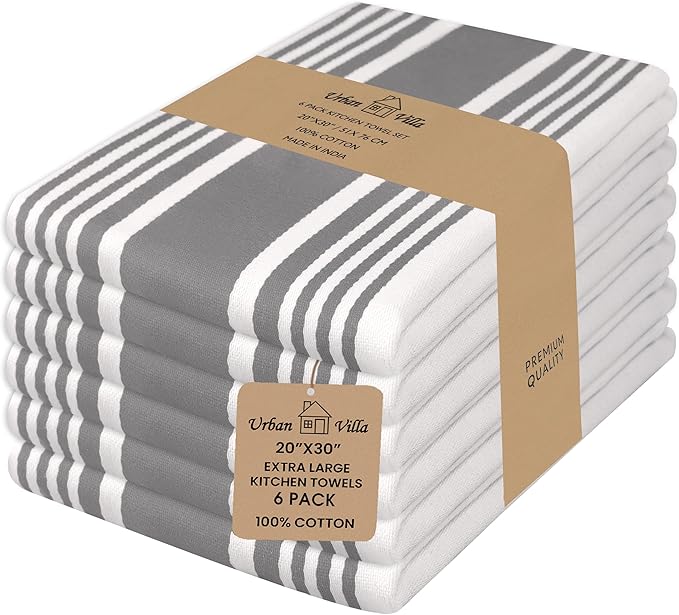 Urban Villa Kitchen Towels 100% Cotton Dish Towels for Kitchen (Set of 6) 20”x30” Dish Cloths Highly Absorbent Kitchen Linen Set with Hanging Loop Perfect for Drying Dishes Cleaning Towels-Grey White