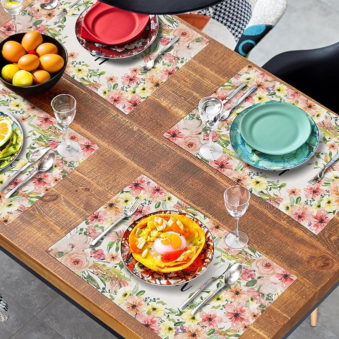 He is Risen Placemats Set of 4 Spring Easter Christian Cross Religious Flowers Kitchen Table Mats Seasonal Easter Holiday Linen Fabric Place Mat for Party Kitchen Dining Decoration