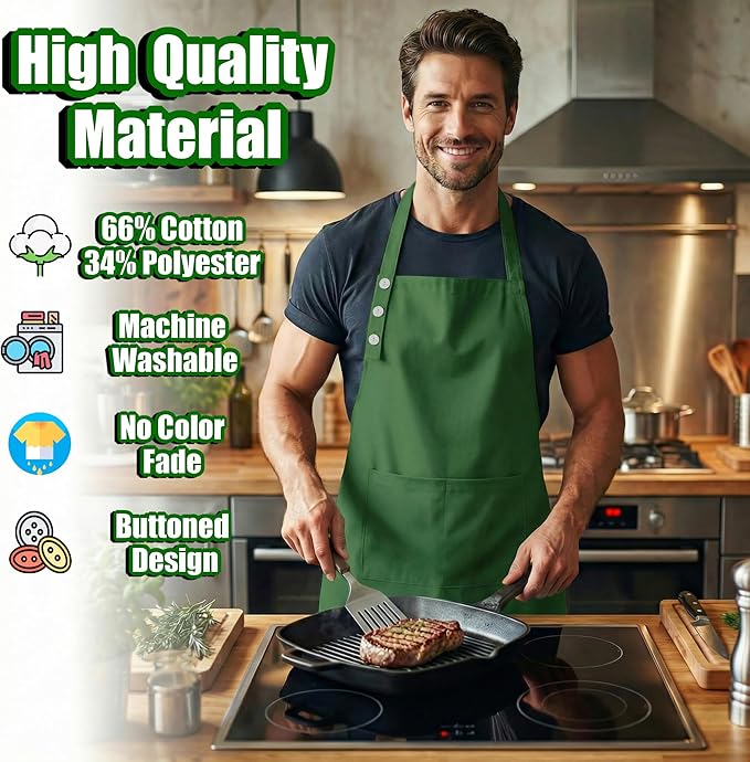 TOSHE Kitchen Apron Waterdrop Resistant Cotton Apron with adjustable Aprons for Women with Pockets 12 Color option Cooking Green Apron (Green)