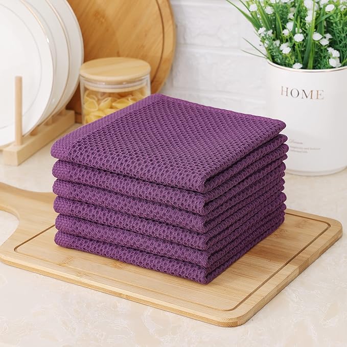 Kitinjoy 100% Cotton Kitchen Dish Cloths, 6 Pack Waffle Weave Ultra Soft Absorbent Dish Towels for Drying Dishes Quick Drying Kitchen Towels Dish Rags, 12 X 12 Inches, Violet
