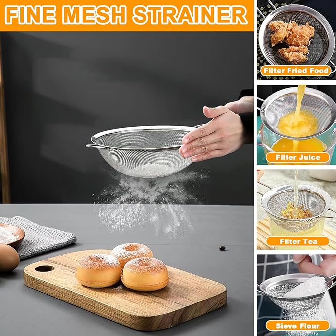 Colander Stainless Steel, 7 Piece Strainers and Colanders Set, Mesh Strainer Net Baskets with Handles, 2 Stainless Steel Plates and Fine Mesh Strainer for Kitchen Food Strain Drain Rinse Cooking