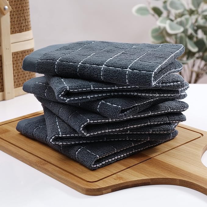 Homaxy 100% Cotton Terry Kitchen Dish Cloths, Ultra Soft and Absorbent Dish Towels for Kitchen, Suitable for Drying and Washing Dishes, 4 Pack, 12 x 12 Inches, Dark Grey