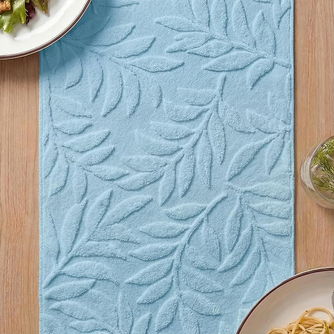 Artoid Mode Light Blue Soft Cotton Jacquard Leaves Spring Table Runner, Holiday Kitchen Dining Table Decoration for Home Party Decor 13x72 Inch