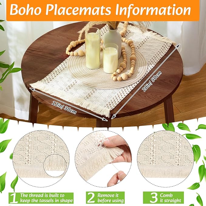 6 Sets Boho Place Mats Set Round Woven Placemats, Cloth Napkins, Wood Bead Napkin Rings, White Table Runner with Tassel and Farmhouse Rustic Placemats Cotton Burlap for Kitchen Table Decor