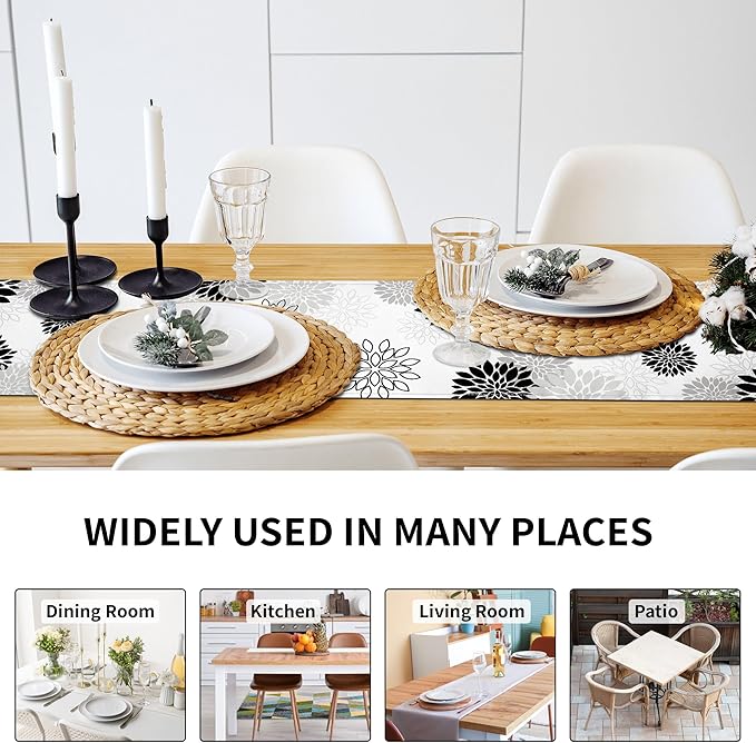 Dahlia Flower Table Runner 13x90 Inch Farmhouse Blue Gray Runners Modern Table Decorations Rustic Geometric Coffee Table Runner for Home Kitchen Dining Room Party (13"x90", Dahlia Floral-Black)