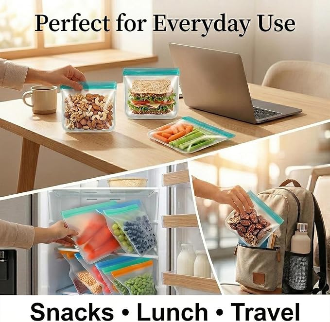 10 Pack Reusable Sandwich Bags, Dishwasher Safe Freezer Bags, BPA Free & Leakproof Reusable Lunch Bag for Salad Fruit Travel and Marinate Meats, Cereal, Lunch, Veggies（Green）