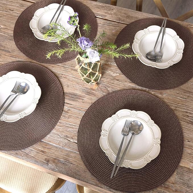 FunWheat Round Braided Placemats Set of 8 Place Mats for Dining Table Woven Washable Non-Slip Table Mats 15 Inch(Brown,8pcs)