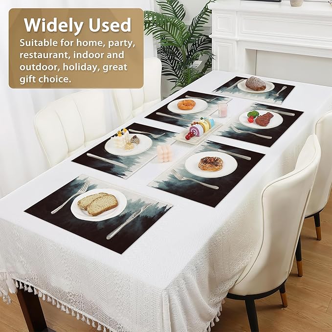 Placemats Set of 6 Linen Washable Kitchen Dining Misty Forest Table Mats Stain Heat-Resistant Desktop Décor Place Mats for Home Party Indoor 12x18 in