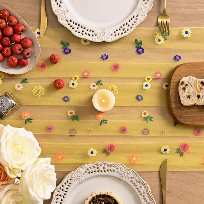 Artoid Mode Yellow Wildflower Floral Gauze Embroidery Table Runner 120 Inch 10FT, Tulle Seasonal Spring Kitchen Dining Table Decor for Home Party