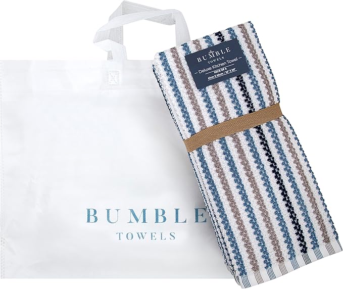 Premium Kitchen Towels (16”x 26”, 6 Pack) | Large Cotton Kitchen Hand Towels | Popcorn Striped Design | Dish Towels | 430 GSM Highly Absorbent Tea Towels Set with Hanging Loop | Blue