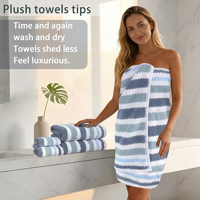 Waffle Towels for Bathroom-Quick Dry | Thick | Lightweight | 540GSM,Large Bath 30"x56", Hand 16"x27",Wash Cloths 13"x13",Cotton Polyester Blend Towels with Hanging Loops,Blue Gray Stripe and White