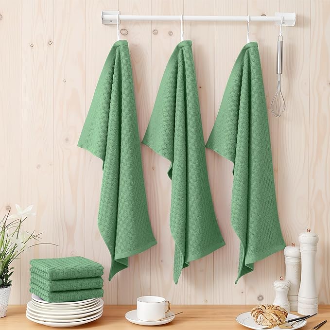 Homaxy 100% Cotton Terry Kitchen Towels(15" x 25", 6 Pack), Soft and Super Absorbent Dish Towels, 380 GSM Reusable Tea Towel with Hanging Loop, Pineapple Grid Designed, Grass Green