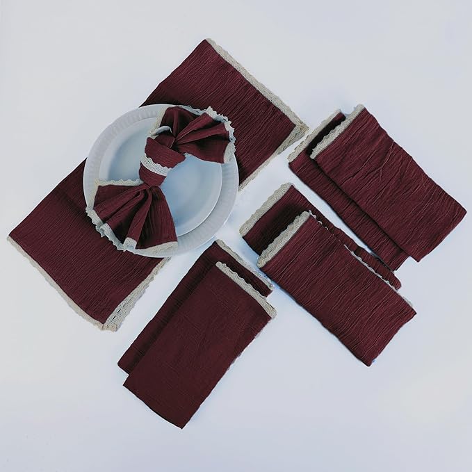 FINGERCRAFT Dinner Cloth Napkin Cotton Muslin Double Gauze 12 Pack with Classic Lace for Everyday Use, Wedding, Party, Christmas, Easter Napkins Cloth are Pre Shrunk and Good Absorbency Chocolate